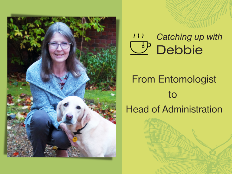 Photograph of Debbie Feather with her pet dog. Caption reads "Catching up with Debbie. From entomologist to head of administration"